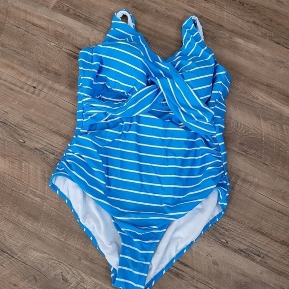 Bal Harbor Womens Crossover Stripped One Piece Swimming Suit Size 18 - Picture 2 of 4